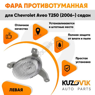 Фара противотуманная левая Chevrolet Aveo T250 (2006-) седан (рифленое стекло) KUZOVIK